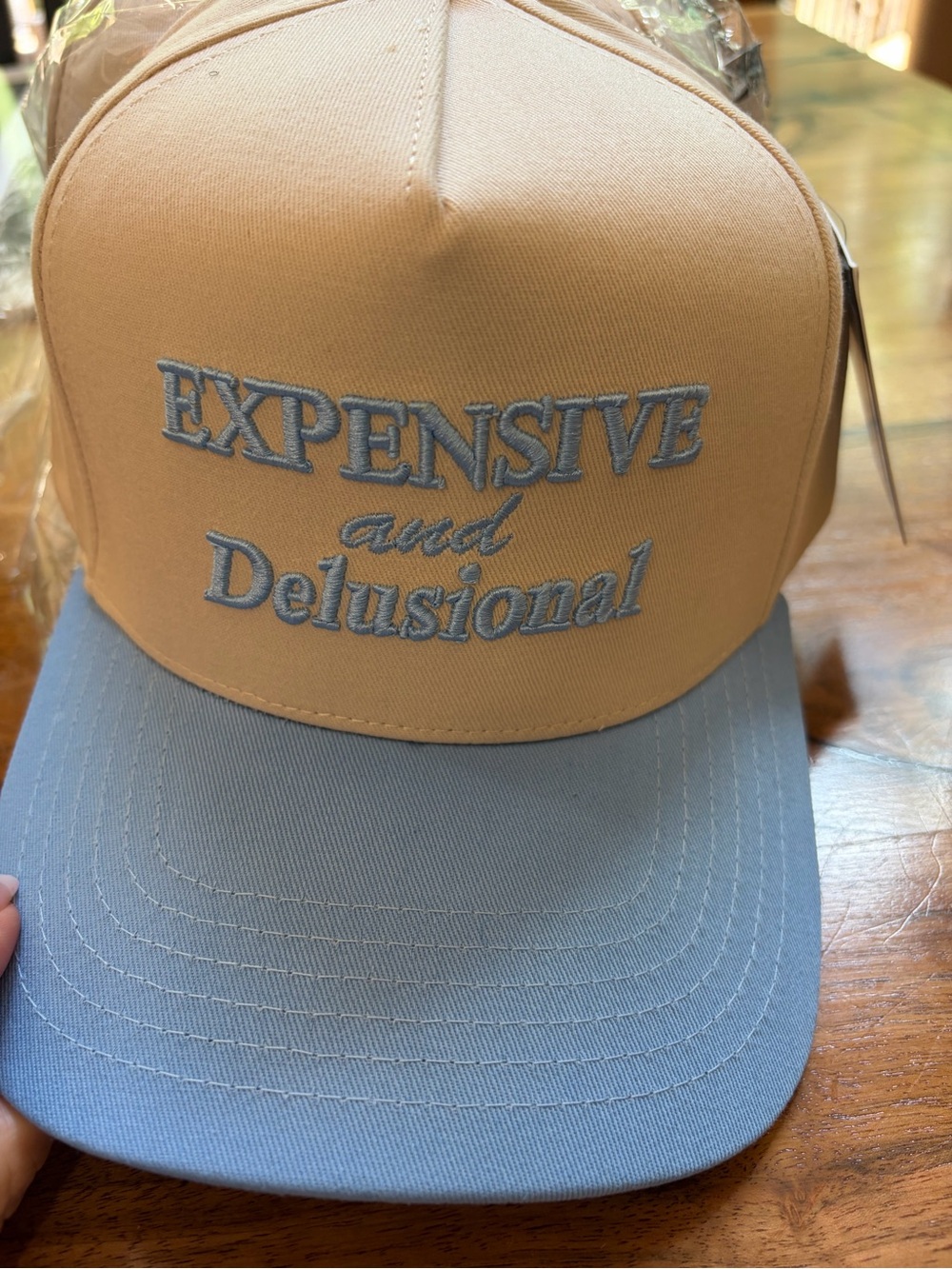 CC EXPENSIVE and Delusional Two-Tone Trucker Cap - Beige & Light Blue